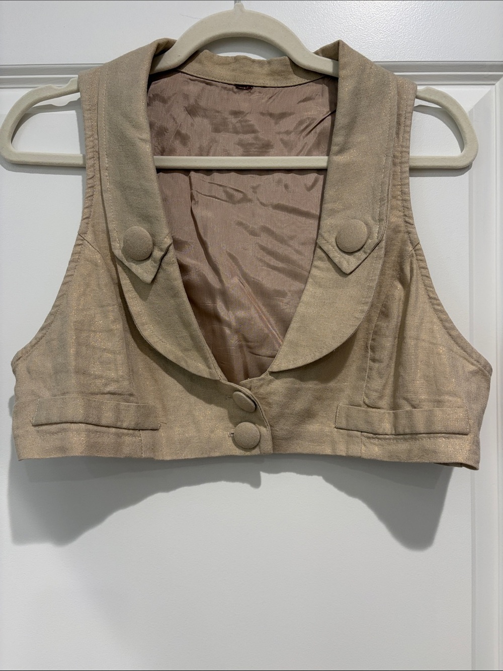 Womens Beige Linen Blend Cropped Y2K Vest, Large - Picture 1 of 4
